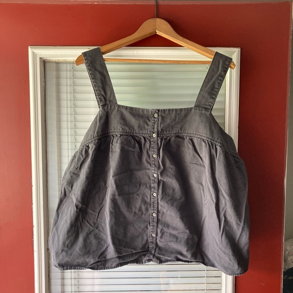 Gray Square Neck Smocked back Button Up Tank Blouse - Picture 1 of 4